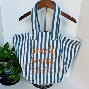 Blue and White Striped Beach Tote with Orange Text